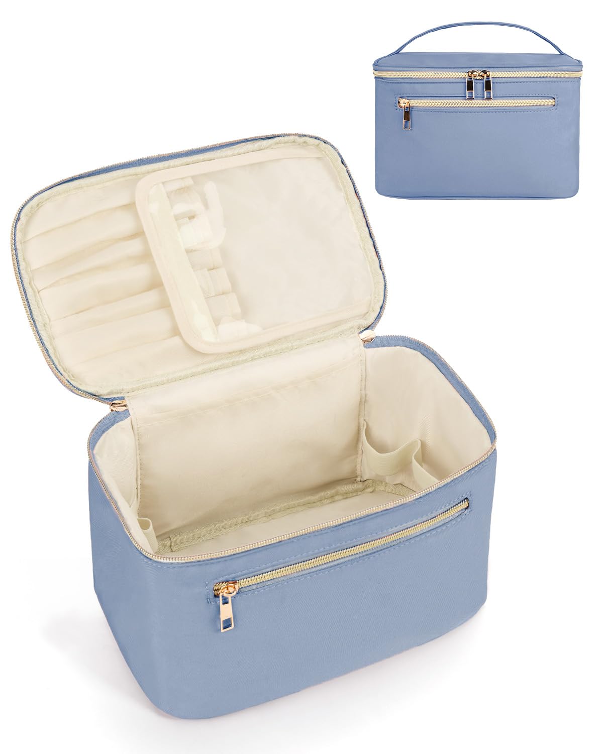 Wandering Nature Large Makeup Bag, Travel Make Up Organizer Cosmetic Brush Bags Case for Women in Fabric,Blue,Patent Pending