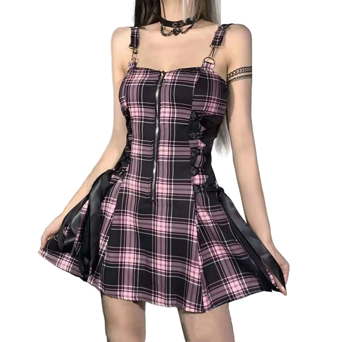 Botenwall Women's Goth Pink Dress Gothic High Waist Sexy Backless Mini Dress Plaid Mall Goth Grunge Punk Black Aesthetic Dress Y2k Party Dress, Medium