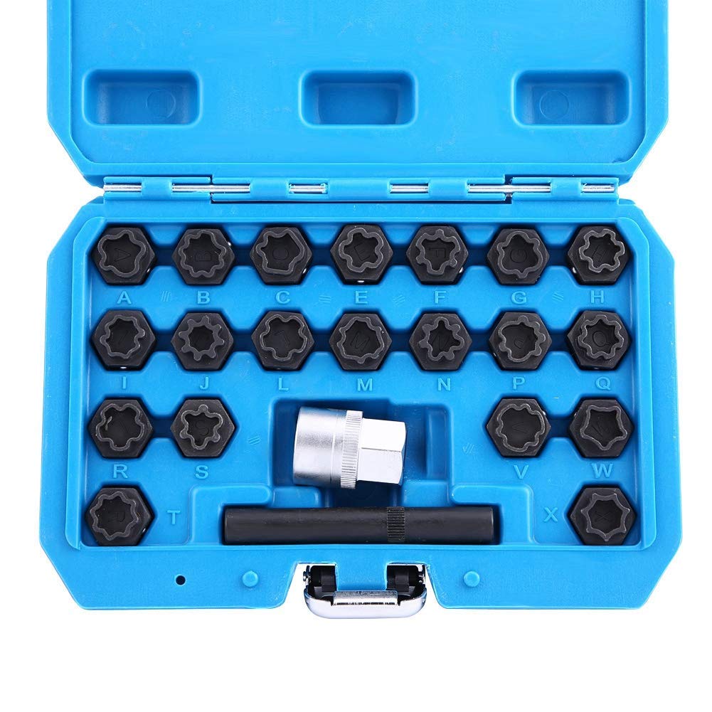 22 Piezas Juego de llaves de tuercas de bloqueo de rueda de, Herramienta de Juego de zócalos torcidos para quitar tornillos de tuercas antirrobo de rueda de coche de aleación de acero con juego de ada