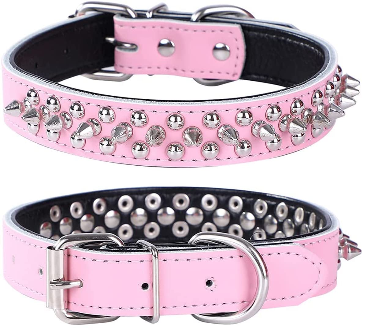 haoyueer Adjustable Genuine Leather Spiked Studded Dog Collars for Small Medium Large Pets Like Pit Bull Bulldog Pugs Husky (L, Pink)