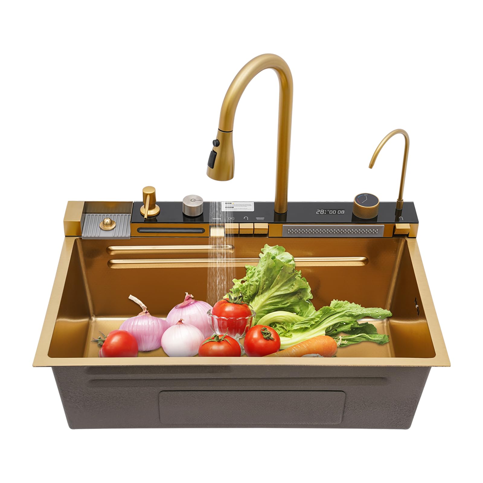 Fregadero de cocina, 75 x 46 x 22 cm, acero inoxidable, con grifo para cocina | Fregadero dorado con dispensador de jabón extensible, cascada, aspersor, función lluvia, escurridor, sifón para el hogar