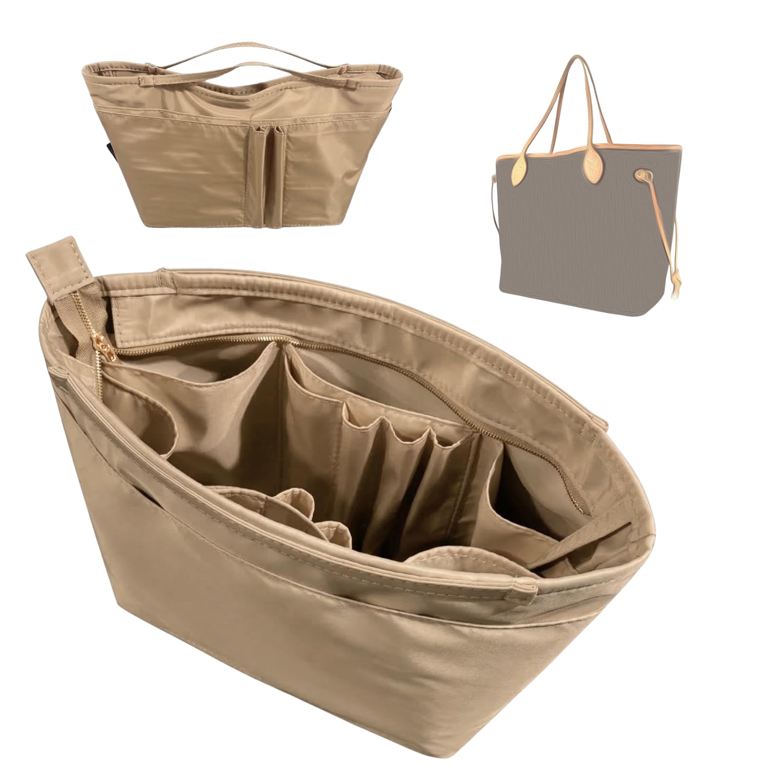 Divitize Waterproof Nylon Purse Organizer compatible with LV Neverfull Bag Insert — 16" Laptop Sleeve & 16 Pockets, Oval Shaped Liner, Secure Zipper