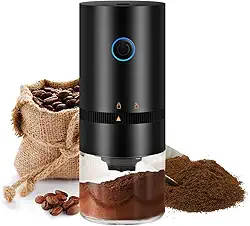 Moedor de Café Elétrico Portátil Recarregável USB – Ajuste de Moagem para Espresso, Coado e Prensa Francesa – Compacto, Lâminas de Aço Inoxidável, Base de Vidro Transparente