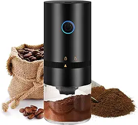 Moedor de Café Elétrico Portátil Recarregável USB – Ajuste de Moagem para Espresso, Coado e Prensa Francesa – Compacto, Lâminas de Aço Inoxidável, Base de Vidro Transparente