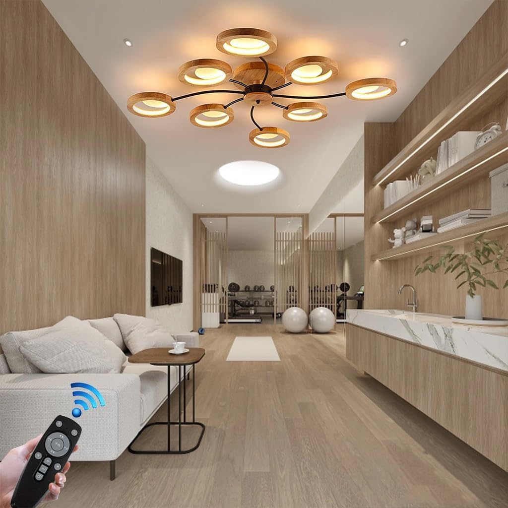 Plafonnier LED en bois à intensité variable avec télécommande pour salon et bureau à 8 têtes