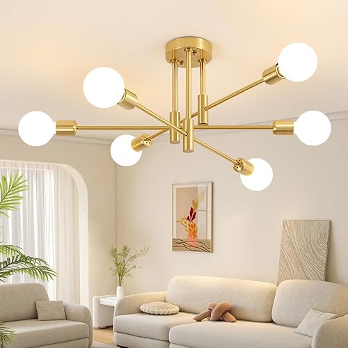 Deyidn Gold Sputnik Chandelier, Modern Chandelier Light Fixture, Mid Century Ceiling Light Semi Flush Mount Lighting 6-Light for Living Room Dining Room Bedroom Kitchen