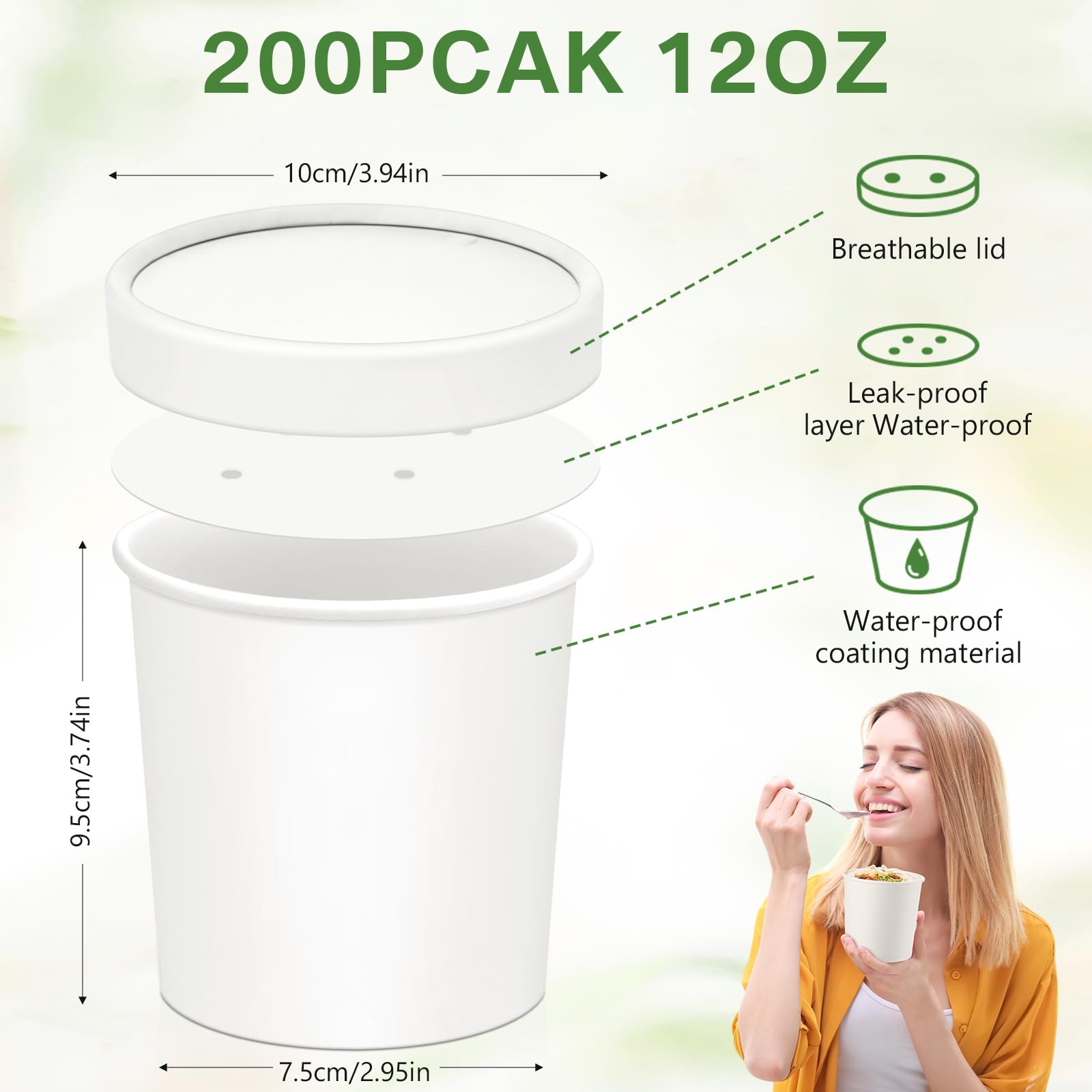 Irenare Set di 200 tazze usa e getta da 350 ml, con coperchio ventilato, per gelato, zuppe calde, contenitori per alimenti in carta, per il giorno del Ringraziamento, dessert, yogurt (bianco)