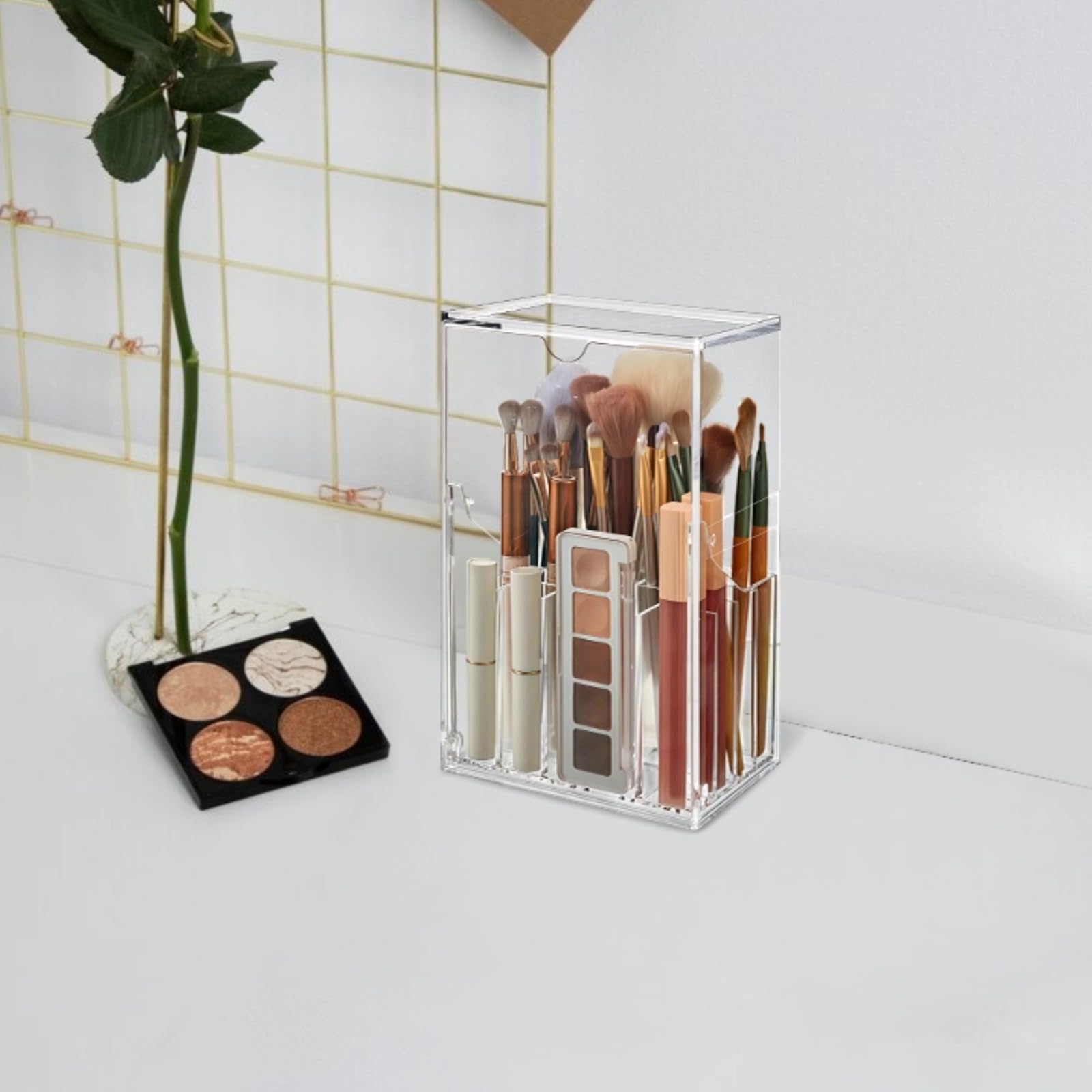 Porta pennelli da trucco in acrilico con coperchio, organizer trasparente per pennelli da trucco e cosmetici, scomparti multipli, grande capacità per pennelli, rossetti e altri oggetti