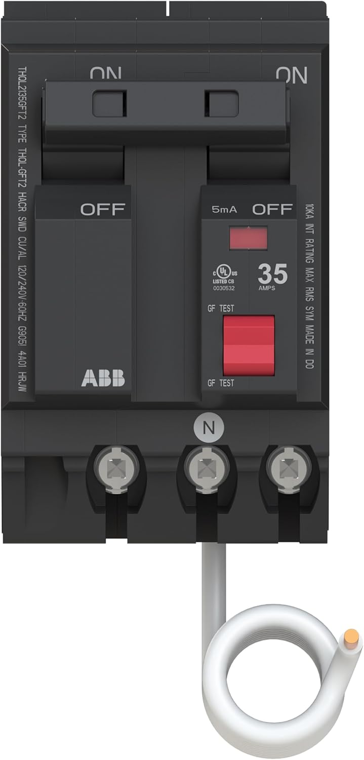 ABB Q-Line® THQL2135GFT2 Ground Fault Circuit Breaker • 35 Amp Double-Pole Breaker • GFCI Protection • 120/240 VAC • 10 kAIC Interrupt Rating • Plug-On Pigtail Breaker for Load Centers
