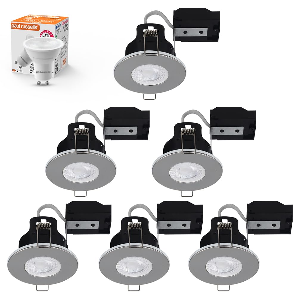 paul russells Dimmable LED Downlights Recessed Ceiling Lights, Fire Rated GU10 Spotlights Can, 65-70mm, IP65, 4.5Watt = 50W Equivalent, Polished Chrome Bezel, Include 2700K Warm White Bulb, 6 Packs — image 1