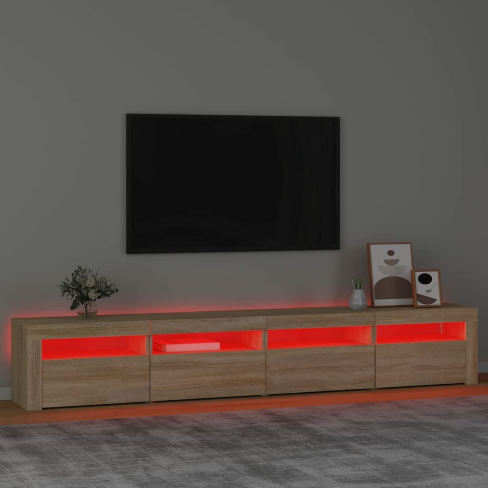 IKAYAA Mueble para TV de 240 cm Con Iluminación LED, Armario Bajo, Aparador Salón, Diseño Moderno y Elegante, Roble Sonoma, 240 x 35 x 40 cm