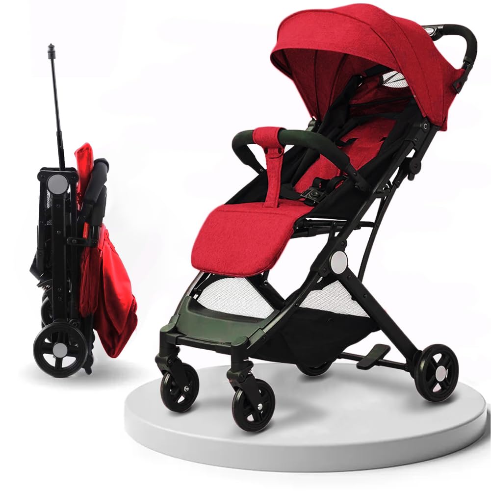 BAKAJI Passeggino Easy Ultra Leggero con Chiusura Facilitata Portata Massima 15 kg, Schienale Reclinabile con Cintura di Sicurezza a 5 Punti, Pieghevole con Una Mano, Salvaspazio (Rosso)