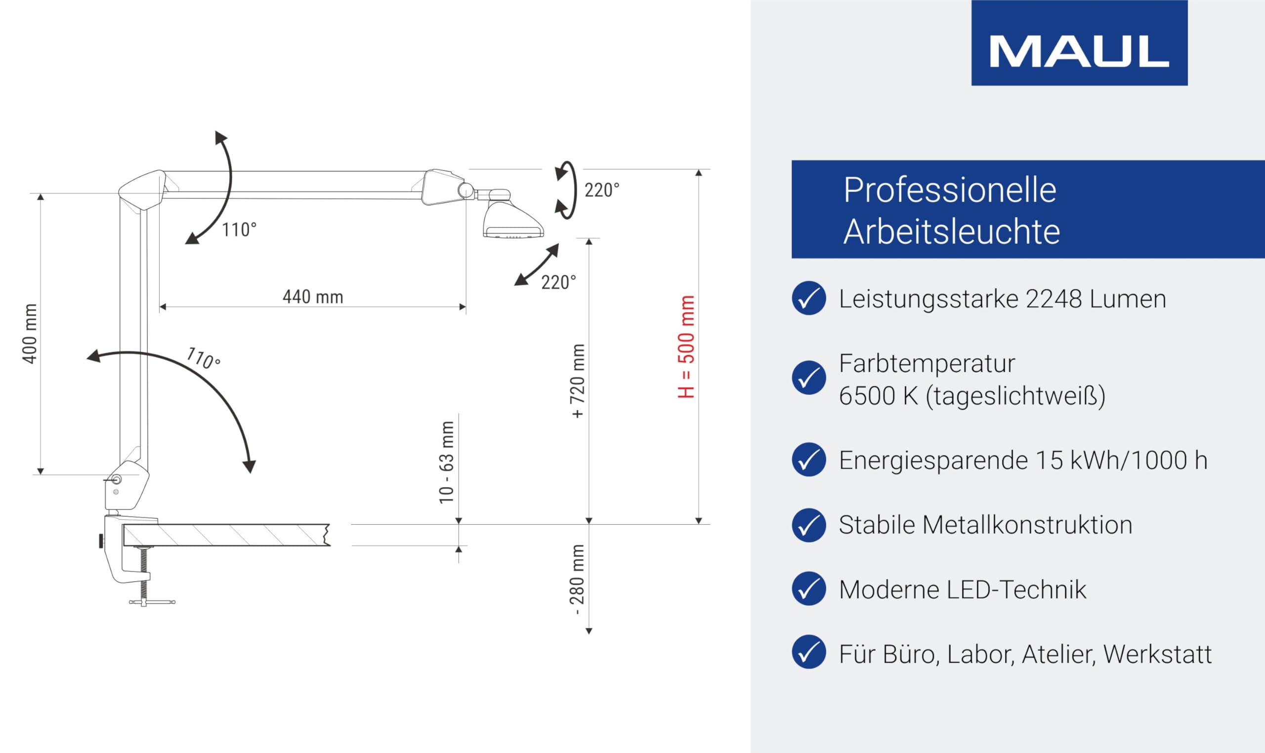 Bureaulamp Maul Pirro Led Dimbaar Tafelklem Wit | Kantoorartikel