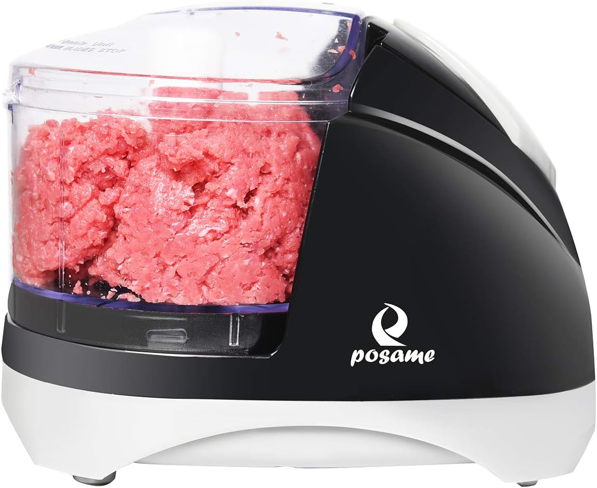 POSAME Meat Grinders Electric Food Processor,Mini Kitchen Food Chopper Vegetable Fruit Cutter Onion Slicer Dicer, Blender and Mincer, with 4-Cup Plastic Bowl (Black-1.5 Cup)