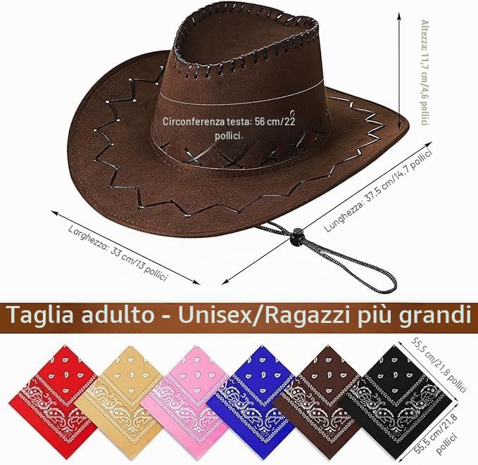 Cappello da cowboy con 6 bandana, confezione multipla, cappelli da cowboy, cappelli da cowboy, per uomo e donna, cappello da cowgirl con cinturino regolabile, per feste a tema cowboy, cavalli da