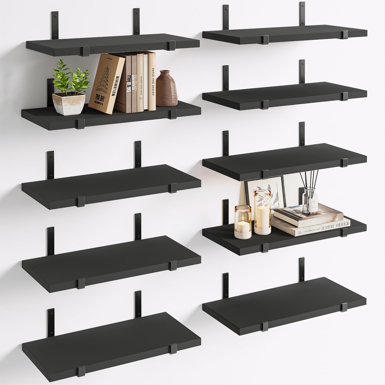 Fixwal Mensole galleggianti, set di 10, decorazione da parete rustica in legno, mensole da parete per camera da letto, soggiorno, cucina e bagno (nero)