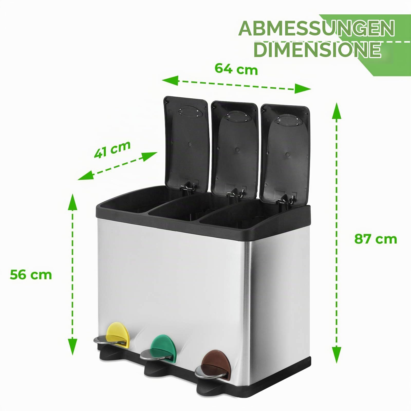 Jago® Mülleimer – 16/24/45/60 Liter - 2 oder 3 fächer, Edelstahl, mit Inneneimer, Handgriff, Deckel, für Küche-Abfalleimer, Mülltrenner, Mültrennsystem, Abfallsammler, Treteimer (60 Liter (3 x 20L))