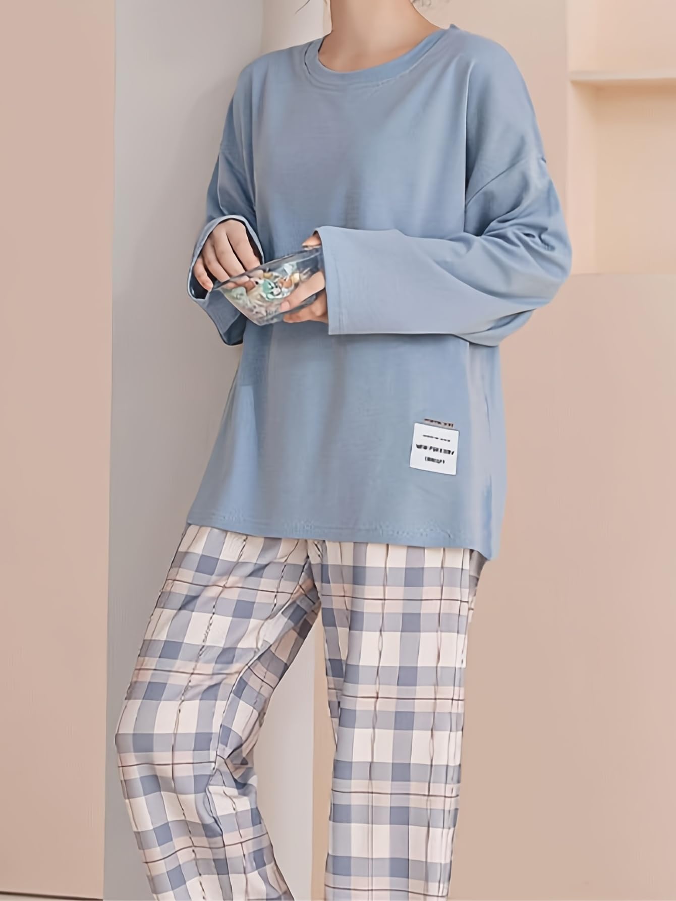 Conjunto de pijama casual de manga larga para mujer, cómodo conjunto de pijama a cuadros, Azul, M