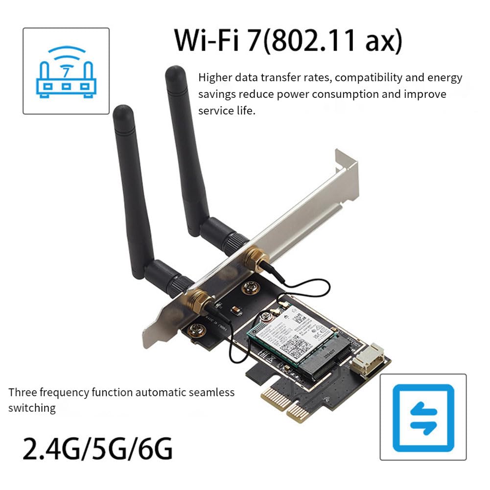 Carte WiFi PCI-E WiFi 7 BE200, Tri-Band 2.4G&5G&6GHz, Métal Noir+PCB, Vitesse sans de 8774Mbps, Carte Réseau sans BE200 pour Win11.
