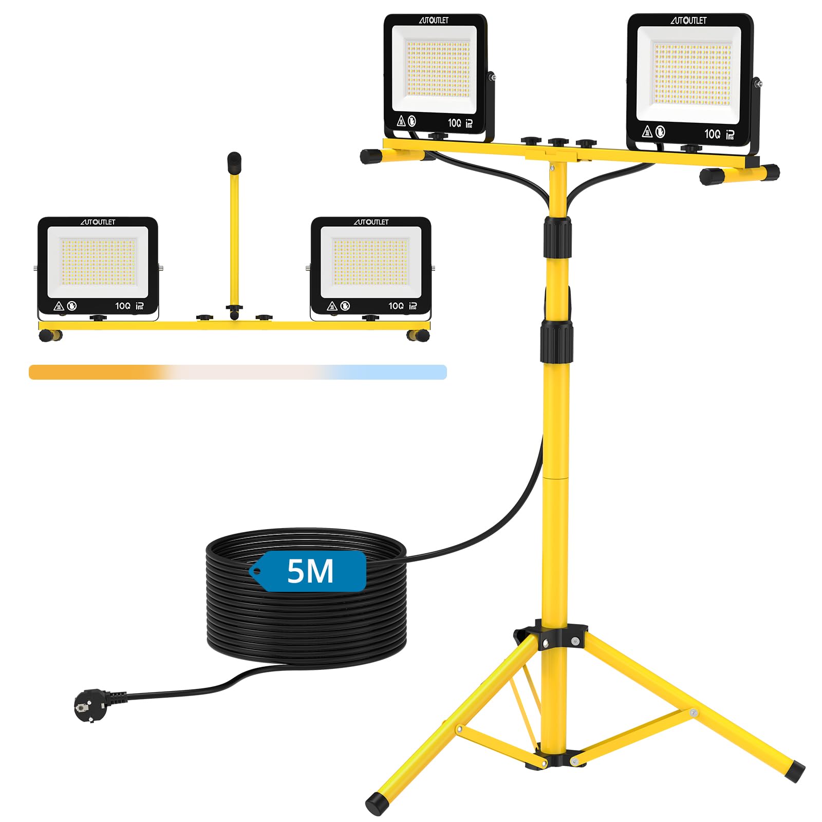 AUTOUTLET Baustrahler LED mit Stativ, 2x 100W 19000LM LED Strahler Arbeitsleuchte mit 3 Farbtemperaturmodi, verstellbarer Stativ & 5M Netzkabel IP66 Wasserdicht,abnehmbar Baulampe für Garage Baustelle