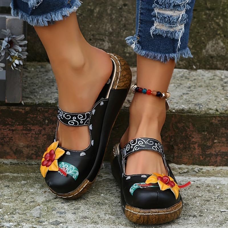 Women's Tribal Flower Platform Mules - Closed Toe Wedge Slides Sandals2