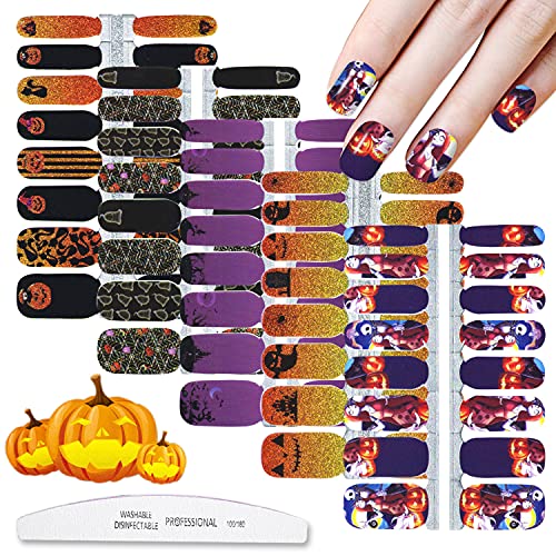 WOKOTO 5 Sheets Halloween Full Nail Strips Full Nail Wraps for Women Halloween Nail Stickers Gel Nail Strips with Nail File Kit Halloween Skull Cat Pumpkin Witchy Nail Polish Wraps Real Nail Polish
