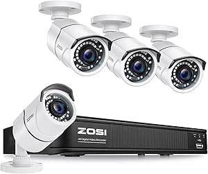 ZOSI 5MP Lite H.265+ Home Security Camera System, 8 Channel CCTV DVR Recorder and 4 x 1080P Bullet Camera Outdoor Indoor with 120ft Night Vision, Remote Access, Motion Alerts (No Hard Drive Include) asin的图片