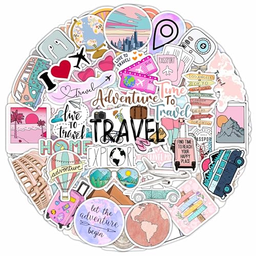 BulbaCraft 100Pcs Cute Travel Stickers for Girls, Travel Stickers for Water Bottles, Notebook, Laptop, Luggage Decals for Suitcases, Travel Journal Decals, Gifts for Women & Men
