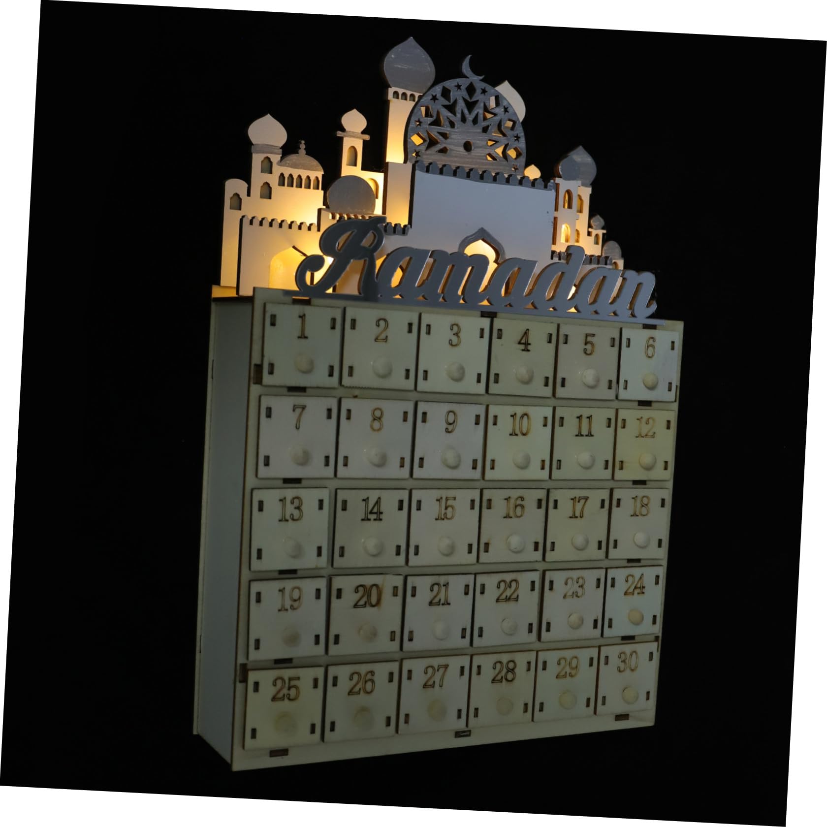 Alasum Calendario del Ramadan in Legno con 30 Mini Cassetti e Luci Led, Decorazione da Tavolo per Conto alla Rovescia Dell’eid Mubarak, Atmosfera Luminosa per Festa Musulmana e Arredo