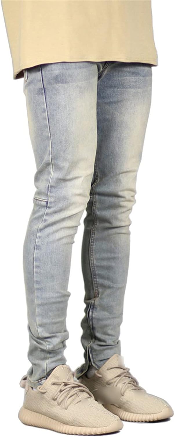 Mens Distressed Denim Pants Casual Mid Waist Skinny Jogger Pencil Jeans Vintage Slim Fit Washed Straight Trousers