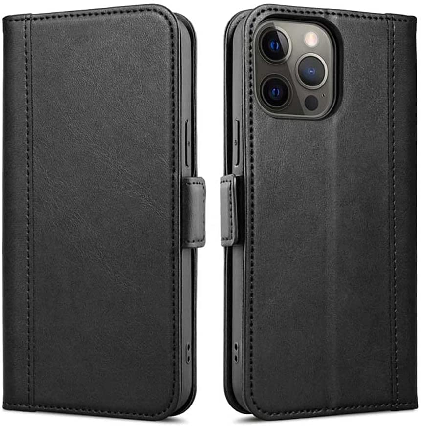 Funda cartera para iPhone 13 Pro KAVJU con tapa de piel sintética negra y tarjetero integrado
