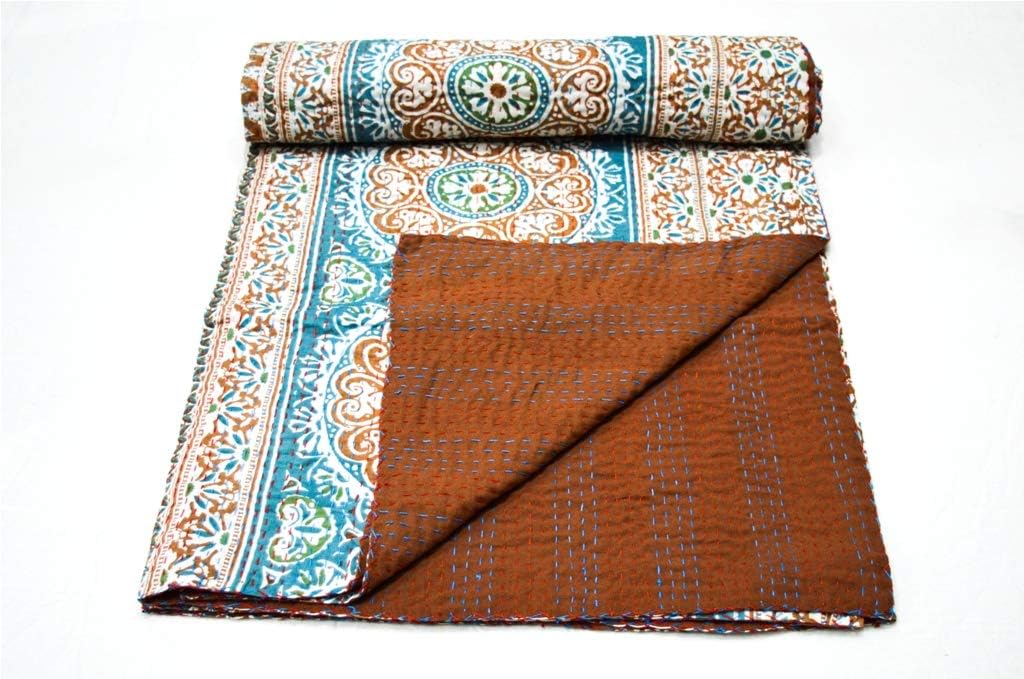 V Vedant Deisgns Suzani Print Queen Cotton Kantha Quilt Bedspread Indian Handmade Throw, 90x108 Inch, Yellow