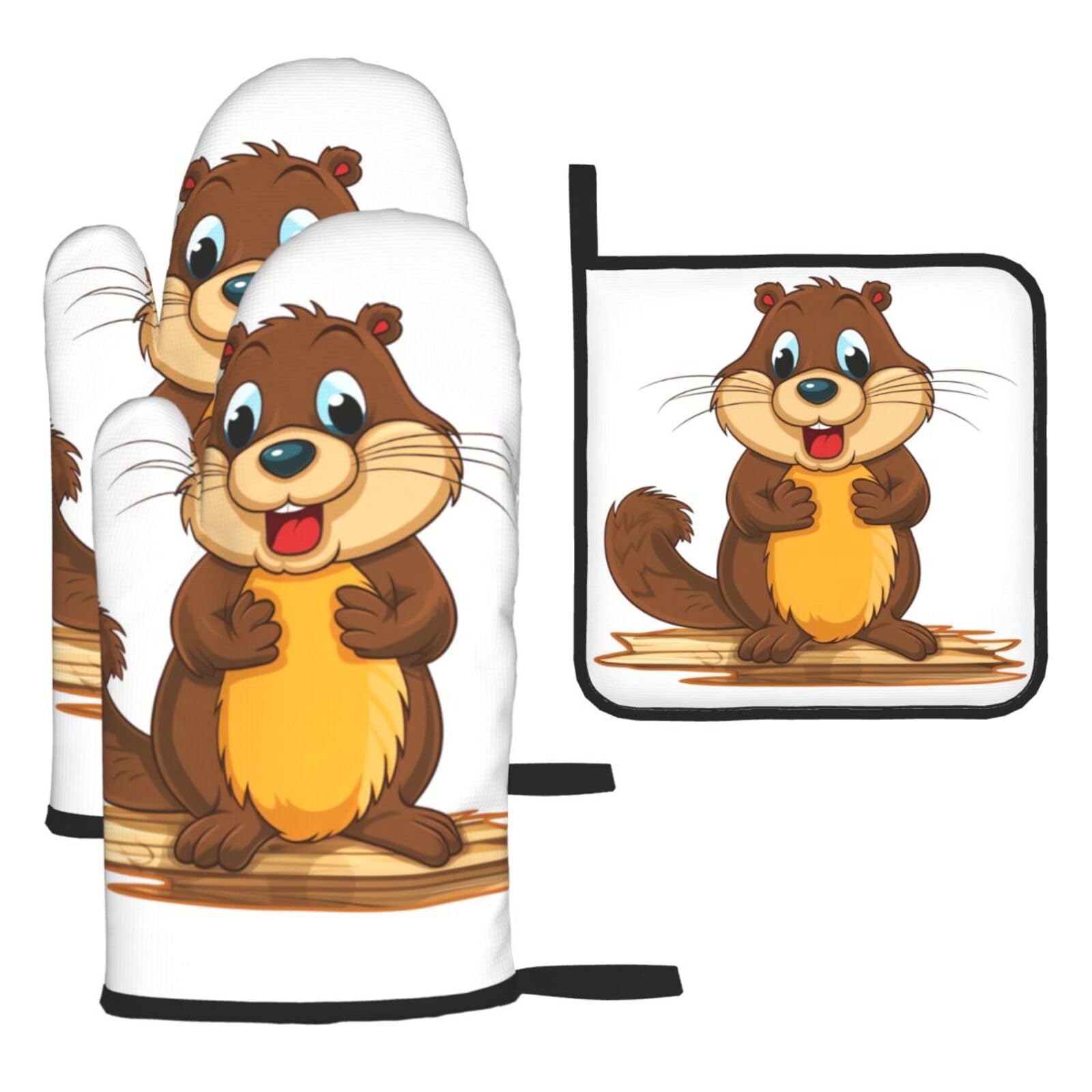 3 Piece Oven Mitts and Pot Holders Set Heat Resistant Oven Gloves and Potholders BBQ Gloves Hot Pads Cartoon Animated Beaver Cooking Gloves for Kitchen Baking Grilling