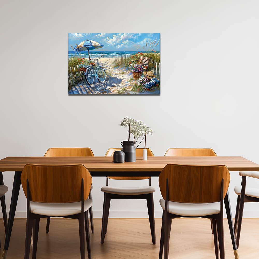 ZQQART Lienzo de playa para pared, diseño de bicicleta junto al mar con flores, cuadro de paisaje costero para decoración de baño (playa 3,16 cm x 61 cm)