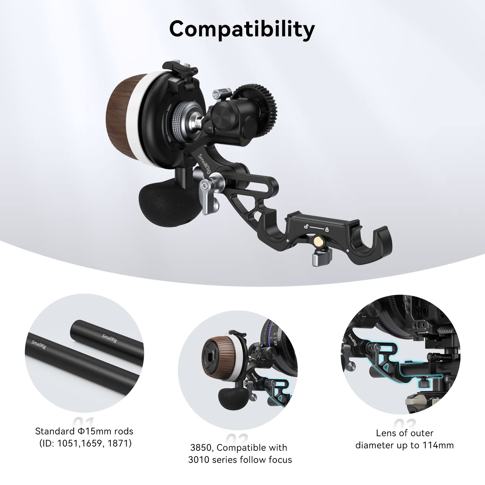 SMALLRIG 15mm Rod Clamp, Instalada y Liberada desde Arriba con Espaciado Ajustable, Compatible con Lentes de Gran Diámetro, Compatible con el Enfoque de Seguimiento de la Serie 3010 - 4151