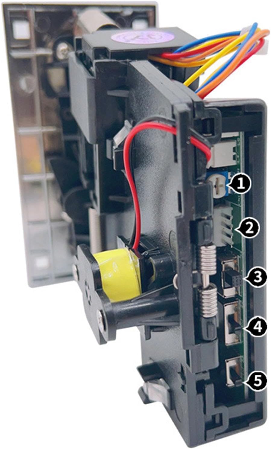 వైపు view of Gazechimp JY-100F Coin Acceptor showing adjustment switches