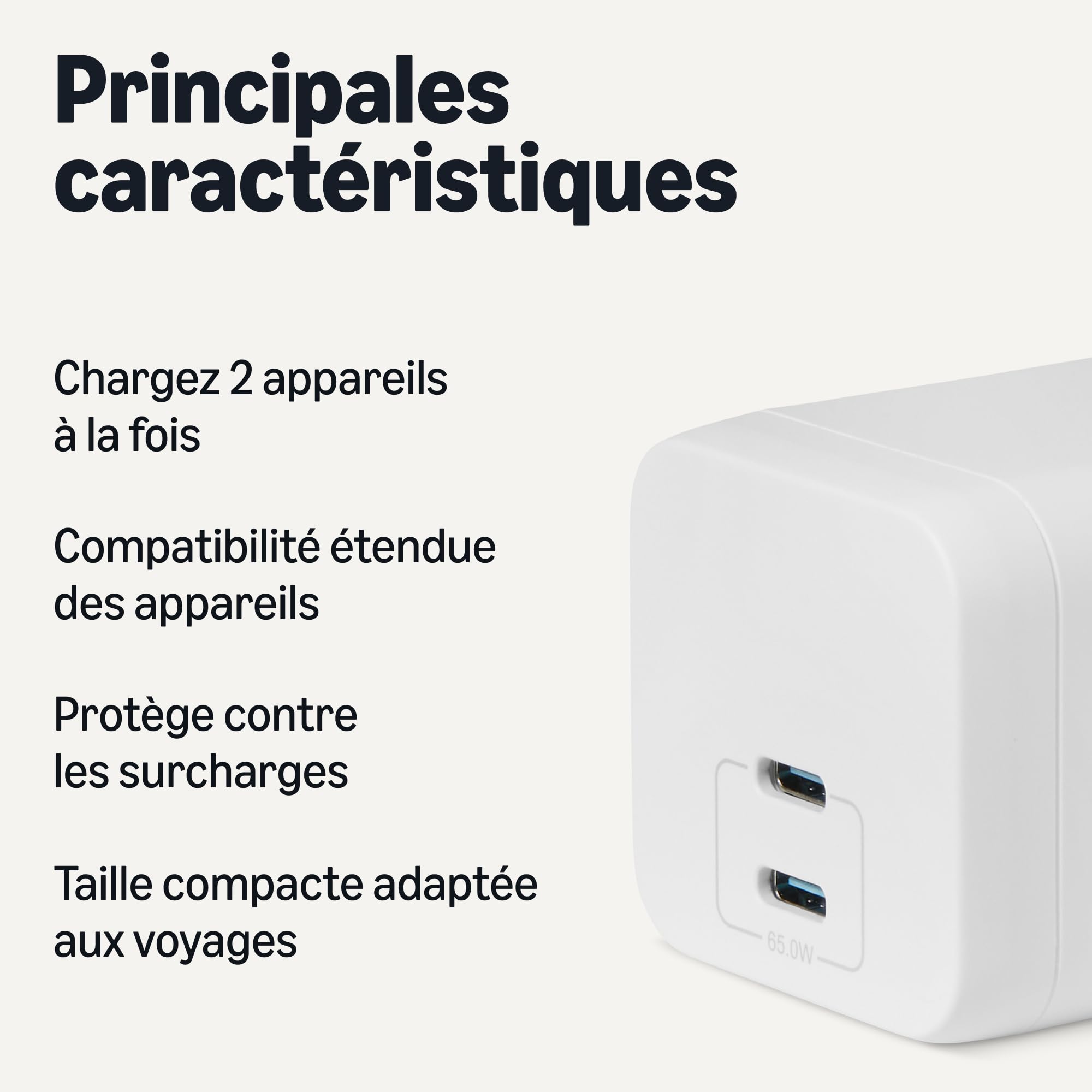 Amazon Basics Chargeur Mural USB C Nano GaN à Chargement Rapide, 65W, 2 Ports, Pour Ordinateurs Portables, Tablettes et Téléphones, Blanc - 3