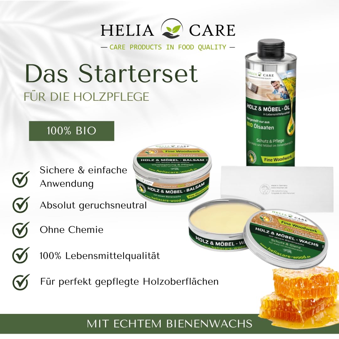 Starter Set - BIO Holzpflege Set - Premium Holzöl, Holzbalsam & Holzwachs inkl. Ziehklinge - Farblose Möbelpflege mit Bienenwachs - Möbelpolitur aus Deutschland