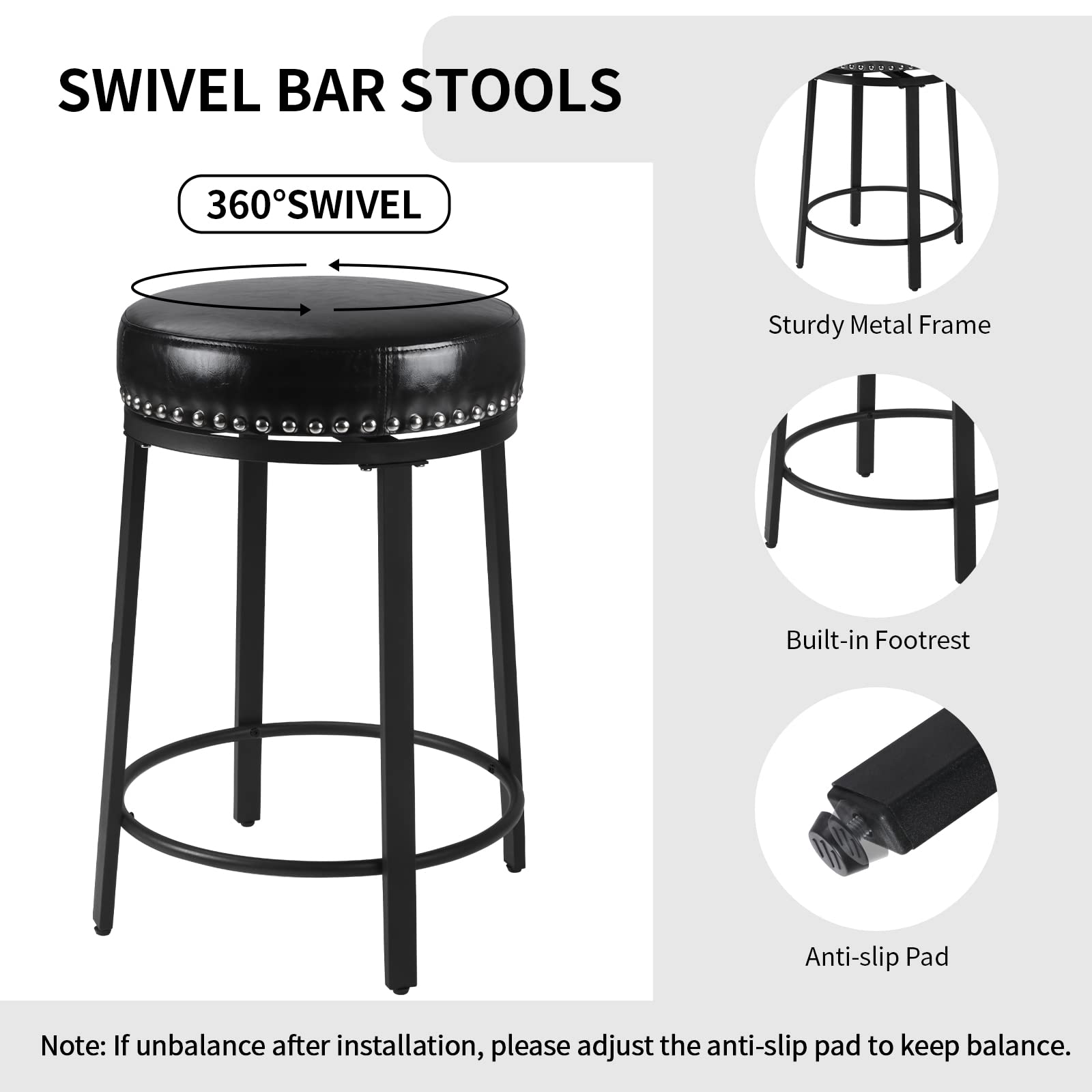 Swivel Bar Stools Set of 2, Counter Height Bar Stools, 24 Inch Swivel Counter Stools with Soft