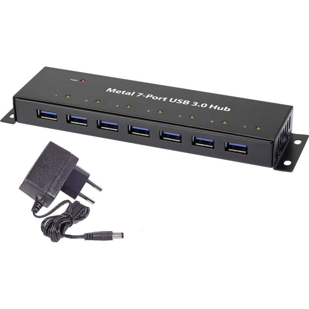 Hub USB 3.0 Renkforce RF-3955359 7 portów do montażu na ścianie, metalowa obudowa czarna