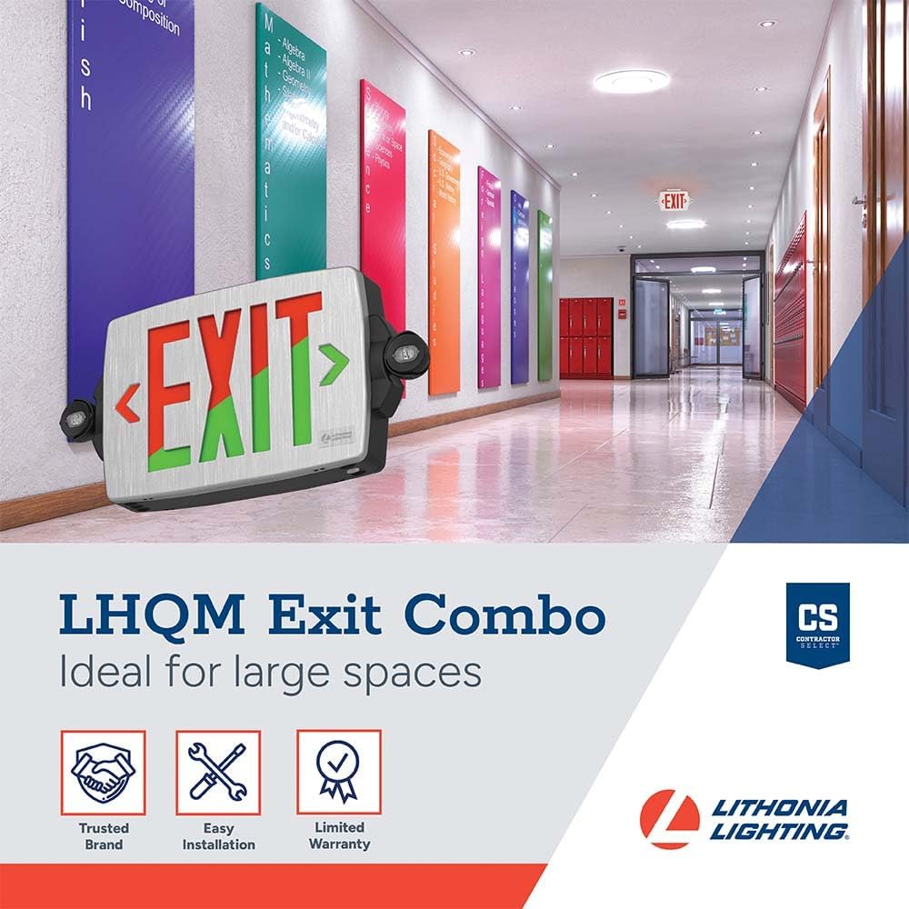 Lithonia Lighting Quantum LED Exit Sign Emergency Light Combo, Exit Sign and Emergency Lights for Business, 2-Head Fixture, Red/Green Selectable Letters, Brushed Silver (LHQM S BBS RG MVOLT M6)