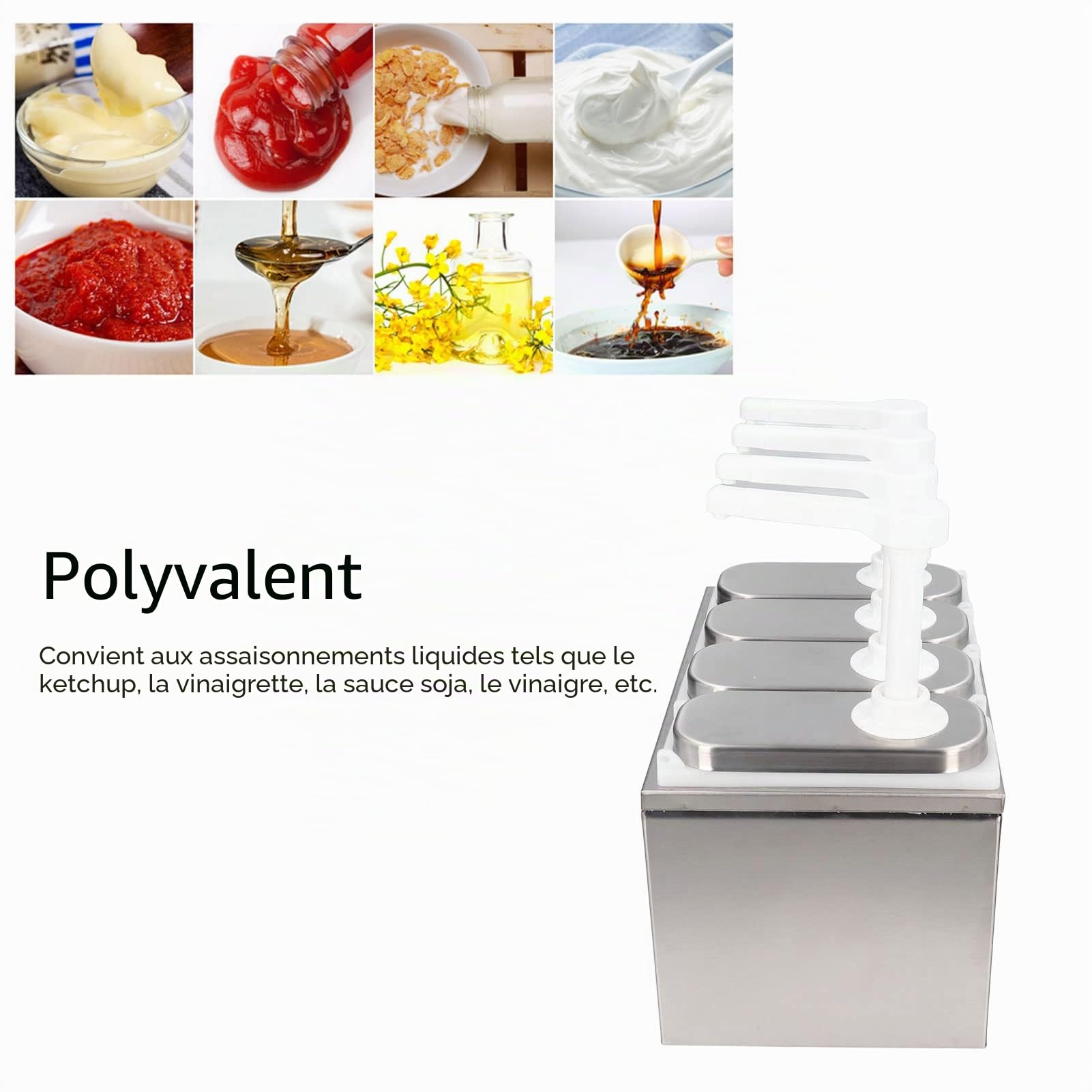 Station de Pompage de Condiments, Grande Pompe Distributrice de Sauce en Acier Inoxydable avec Triple, Quatre ou Cinq Pompes Distributeur de Condiments Amovible de Qualité Alimentaire(4 Pompes)