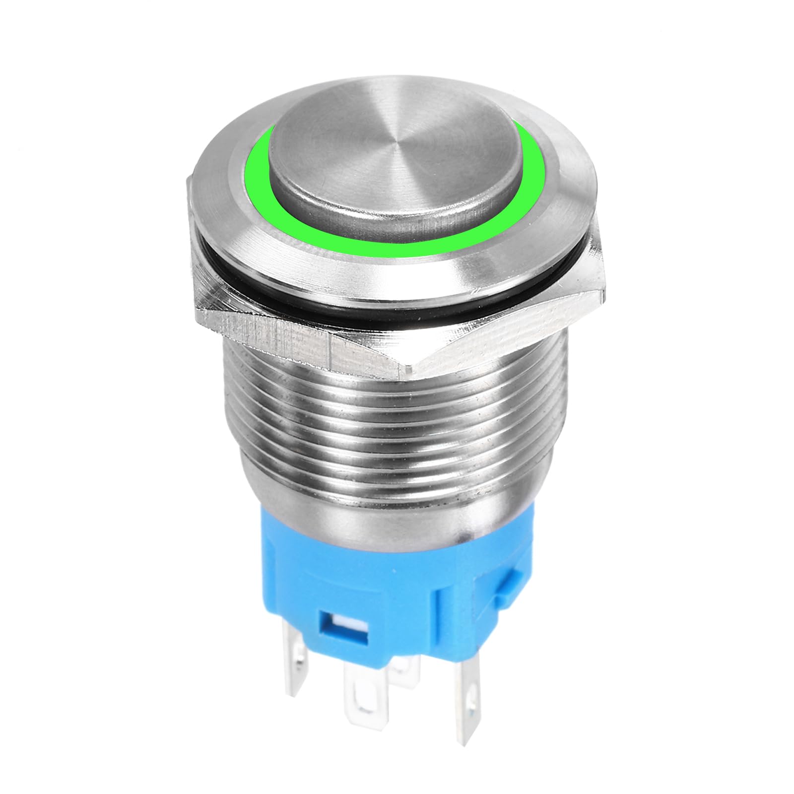 DMiotech 19mm / 3/4" Stainless Steel Latching Push Button Switch Domed Head 5A 12-24V Silver Shell with Welding Foot Green LED 1NO1NC for Car Boat Systems Custom Setups