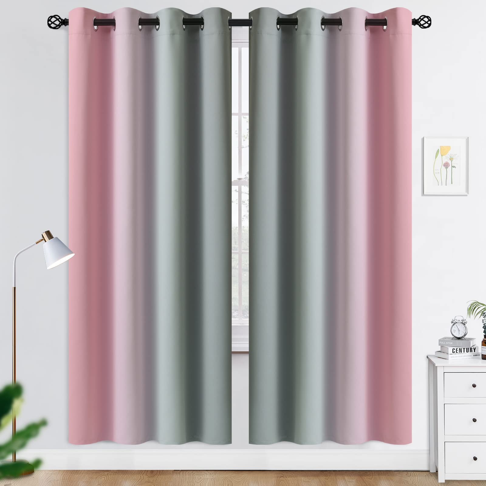 COSVIYA Grommet Ombre Room Darkening Curtains 72 inches Length for Kids/Girls Bedroom, Polyester Light Blocking Pink and Grey Gradient Window Drapes/Curtains for Living Room,2 Panels, 52x72 inches โ image 1