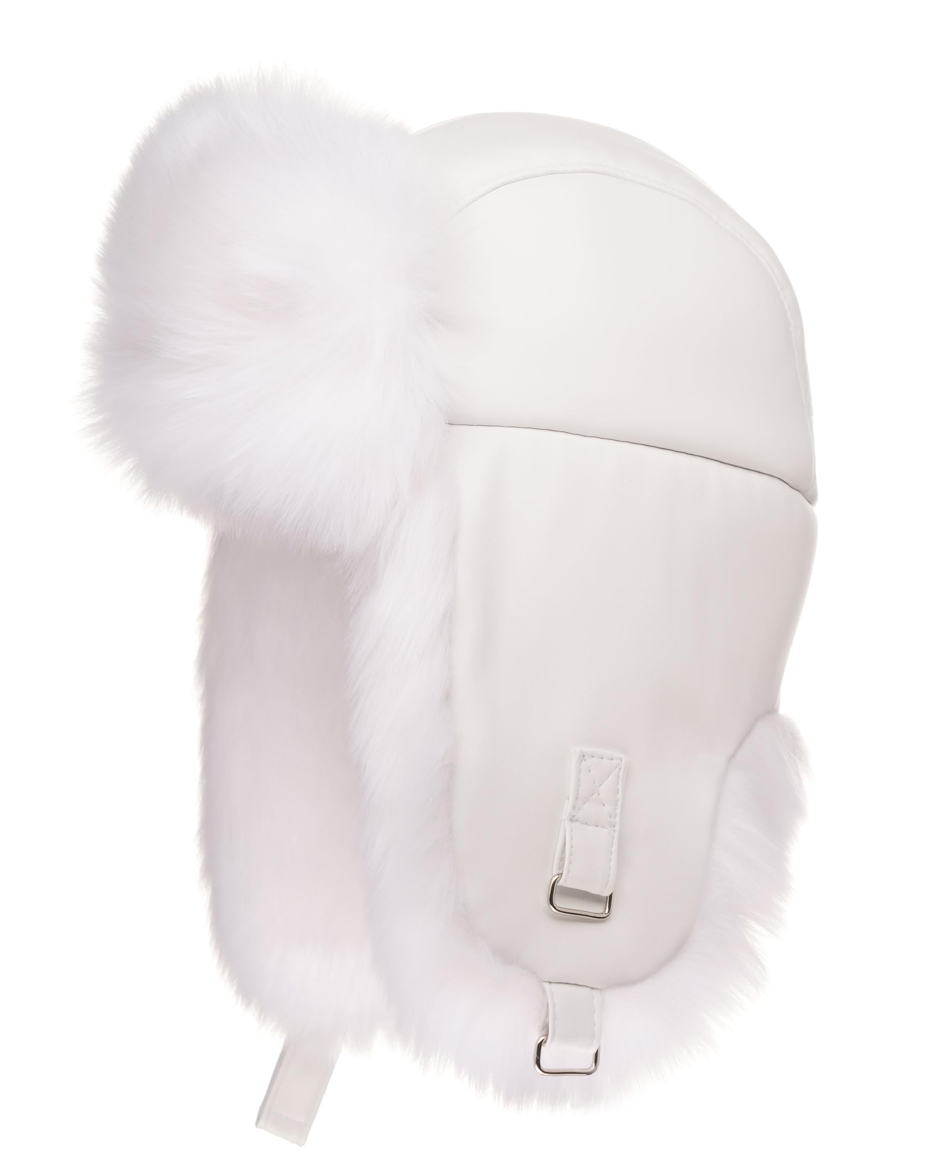 Futrzane Leather Trapper Hat - Ladies Russian Hats with Ear Flaps - Warm Ushanka (L, White - White Siberian)
