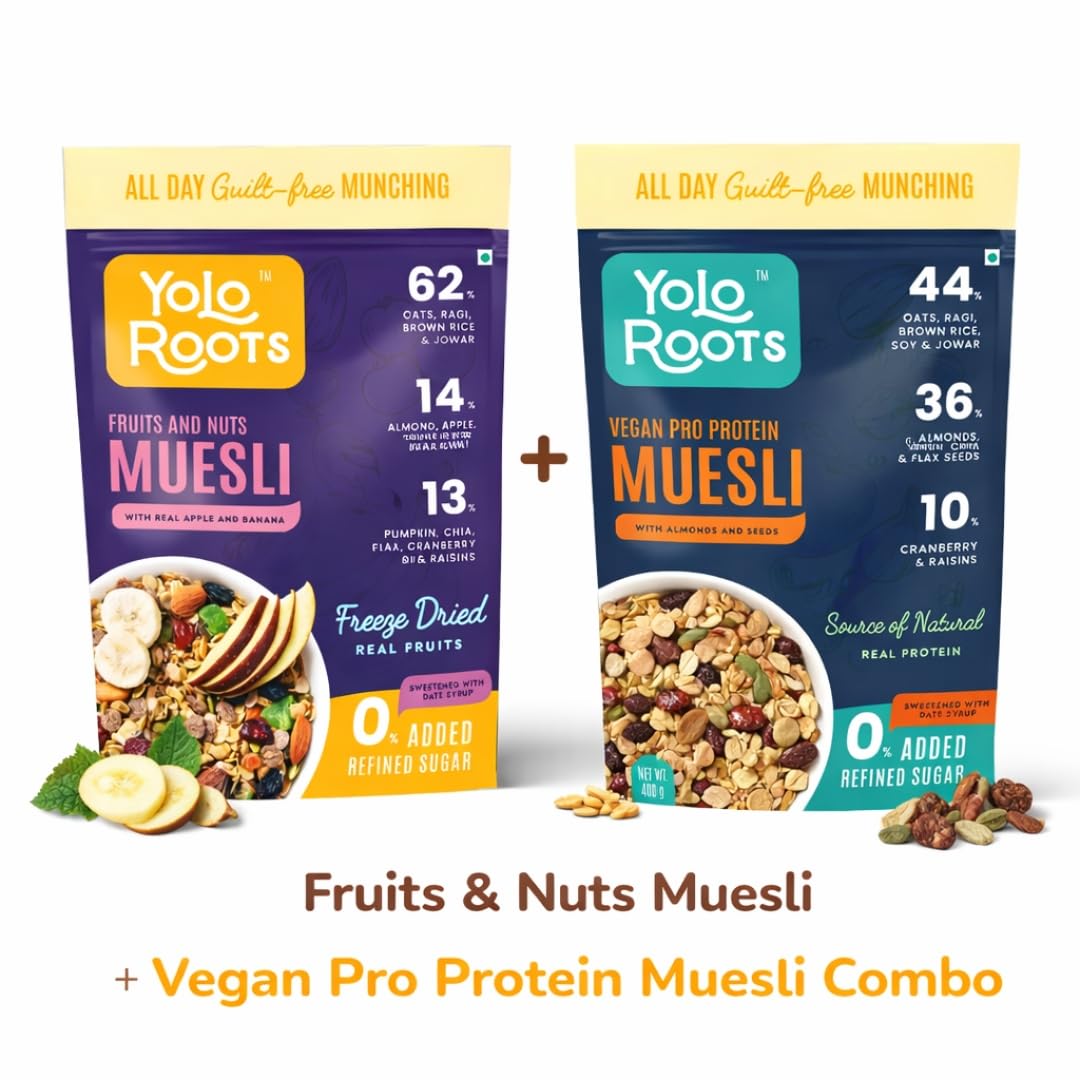 Yolo Roots Vegan Pro Protein Muesli 400g & Fruits & Nuts Muesli 400g Combo, No Added Sugar, Gluten Free, High Fiber Breakfast Cereal with Multigrains, Almonds, Fruits & Seeds, Healthy Energy Food (Pack of 2) 4