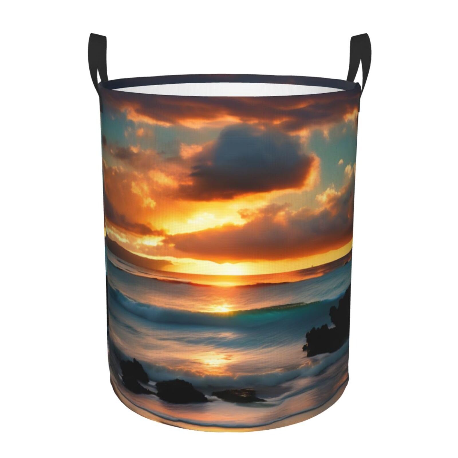 M Collapsible Round Beach Maui Hawaii Sunset Sea Waves Clouds Print Laundry Hamper