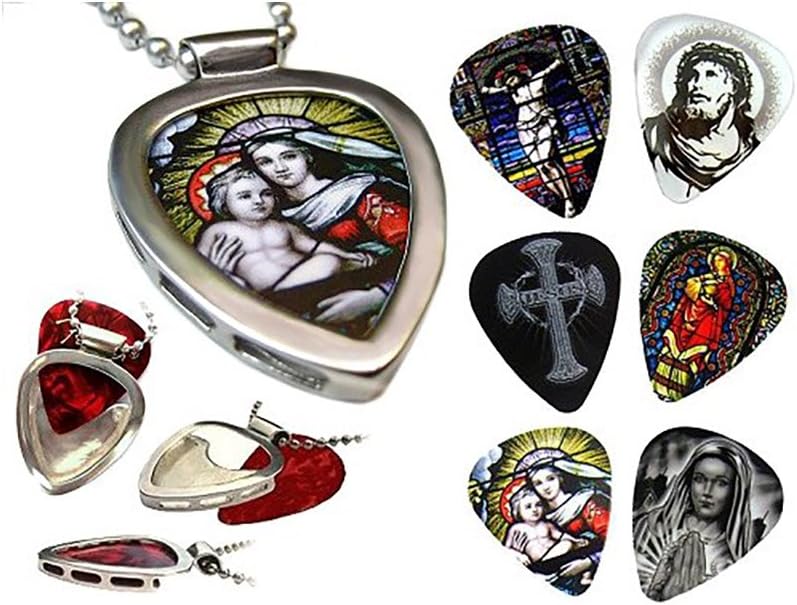 Christian Guitar Picks & PICKBAY Guitar Pick Holder Necklace MARY Jesus Infant Jesus Faux Stained Glass
