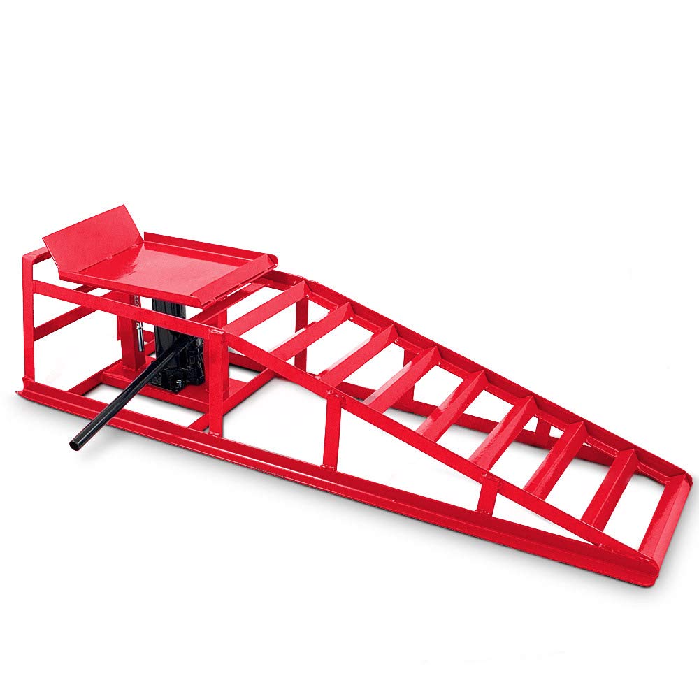 BITUXX® 2 Stück Auto PKW KFZ Auffahrrampen Set mit Wagenheber hydraulisch Höhenverstellbar Wartungsrampe Hebebühne Rampe Auffahrrampe Auffahrbock in Rot