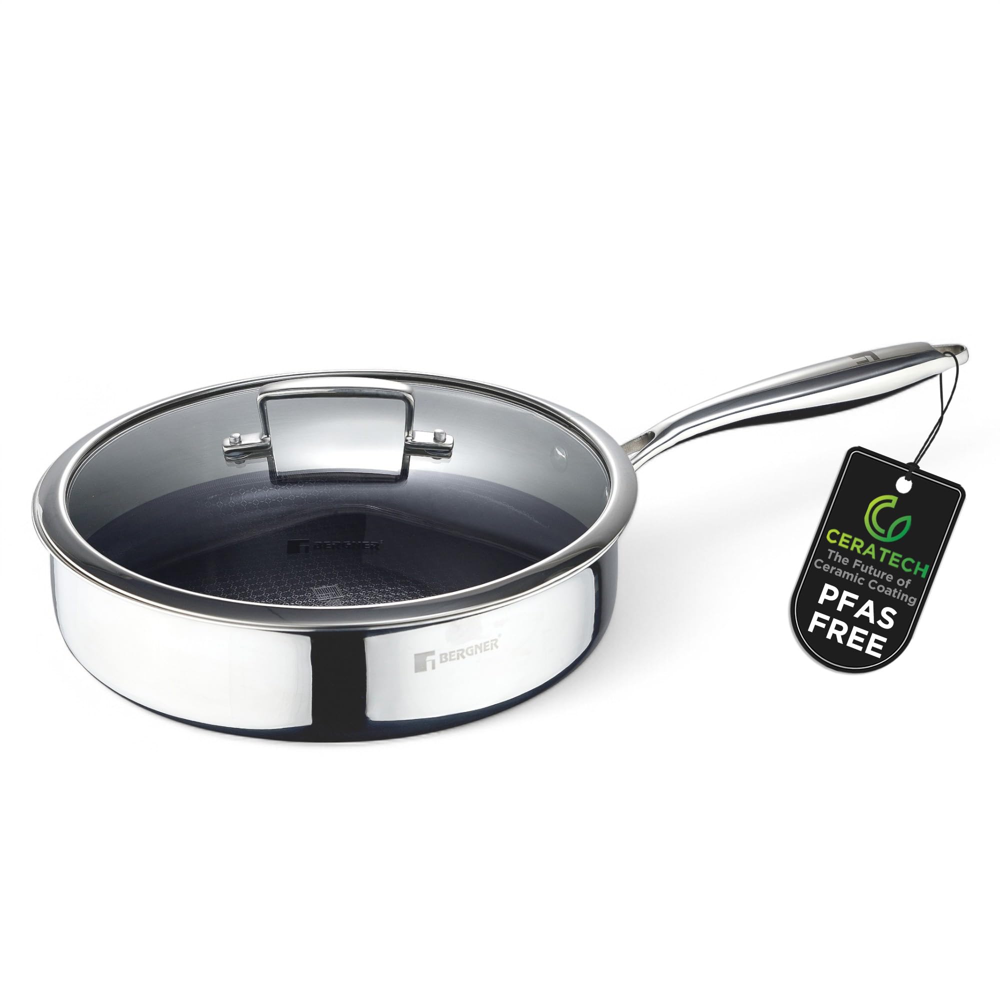 BERGNER STEELBLUE | PFAS-Freie Tri-Ply Hybrid Schmorpfanne 28 cm | Glasdeckel | CERATECH Keramikbeschichtung | Edelstahl | 3-lagig | induktionsgeeignet | Kratzfest | blaue Wabenstruktur und Kaltgriff